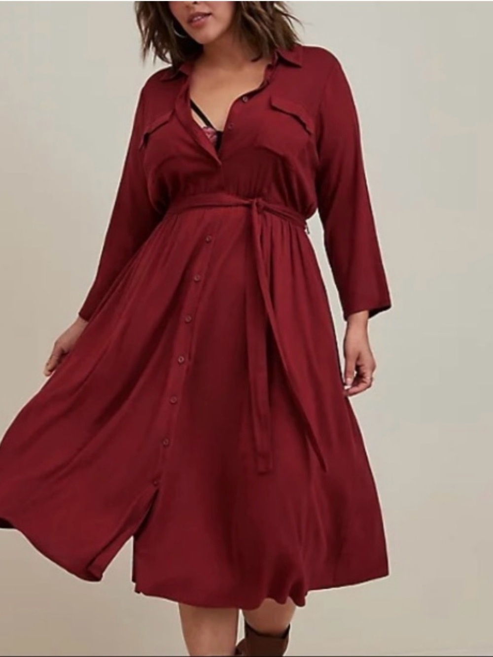 🍷 TORRID Burgundy Shirt Dress Size 4 / 4X Long Sleeve Tie Waist Midi Dress